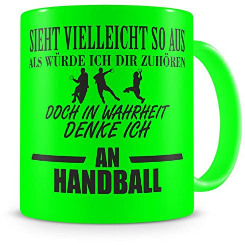 Samunshi® Ich denke an Handball Tasse Kaffeetasse Teetasse Kaffeepott Kaffeebecher Becher H:95mm/D:82mm neon grün