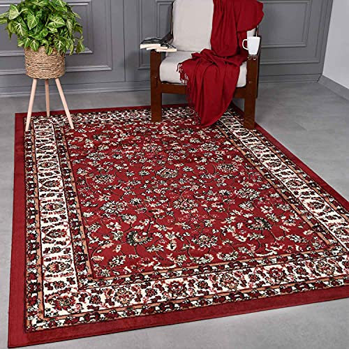 VIMODA Orient Teppich rot beige klassisch dicht gewebt mit Ornament und Blumenmotiven, Maße:80x150 cm