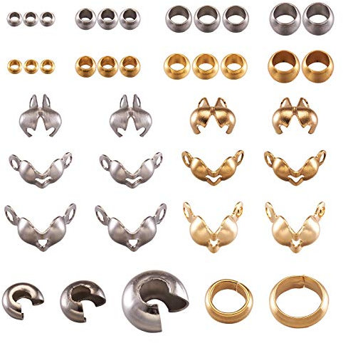 Beadthoven Kit de 370 perles à écraser en acier inoxydable 304 avec couvercles de perles à écraser, embouts de perles, cache-nœuds et rondelles, perles à sertir, perles d'espacement de couleurs