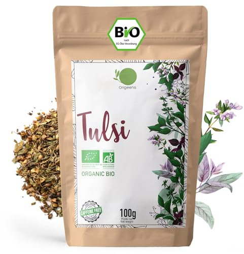 ORIGEENS TULSI ECOLÓGICO 100g I HOJAS SECAS DE ALBAHACA SAGRADA I Té de Tulsi ecológico a granel, sin teína, Infusión antiestrés