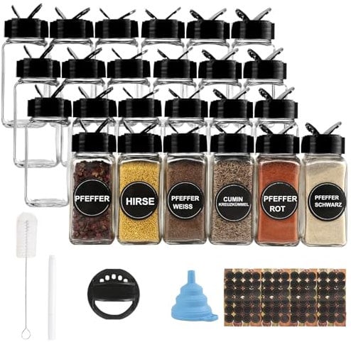 pojah 24er Gewürzgläser Set,120ml Glas Gewürzdosen eckig Aufbewahrung mit Schwarz Deckel, Trichter, Bürste, Etiketten & Kreidestift,10,5 x 4,3 cm