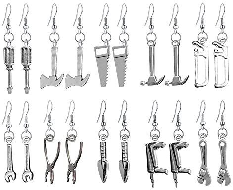 WUWEIJIAJIA 10 Pairs Funny Handmade Lightweight Cute Vintage Silver Tool Axe Wrench Dangle Drop Earrings Sets Funky Quirky Punk Spanner Earrings for Women (10 Piece Set)