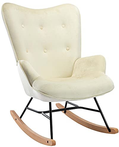 CLP Schaukelstuhl Sanka I Schaukelsessel Mit Samtbezug Und Metallgestell I Relaxsessel Mit Holzkufen, Farbe:Creme