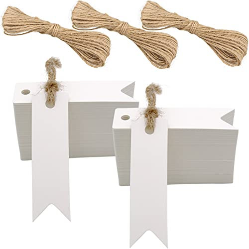 G2PLUS Weiß Klein Etiketten Tags, 7x2 CM Geschenkanhänger Mini, 200 Stück Anhänger Etiketten mit Jute-Schnur
