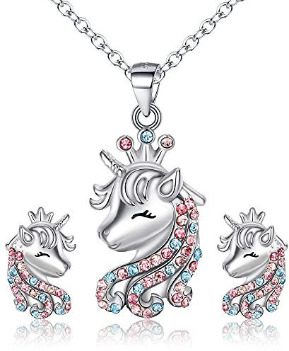 EVER FAITH Unicorn Einhorn Schmuckset für Mädchen 925 Sterling Silber Mehrfarbig Cubic Zirconia Halskette und Ohrringe Set Geschenk für Tochter Enkelin Regenbogen
