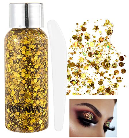 KöRper Glitzer Gel Liquid Face & Body Glitter Festival & Mermaid Sequins Chunky Glitter Liquid Long Lasting Sparkling Gold mit 1 LöFfel
