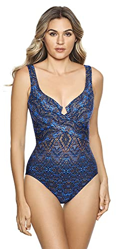 Miraclesuit Women's Swimwear Thebes Criss Cross Escape Tummy Control Underwire Bra One Piece Swimsuit, Blue/Multi, 12