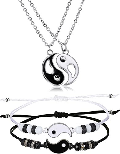 4 Stück Yin Yang Halskette Armband Set Yin Yang Pärchen Armband Kordel Paar Puzzle Anhänger Halskette Kette Verstellbares Schnur BFF Partner Armband Freundschaftsketten für Freund Freundin