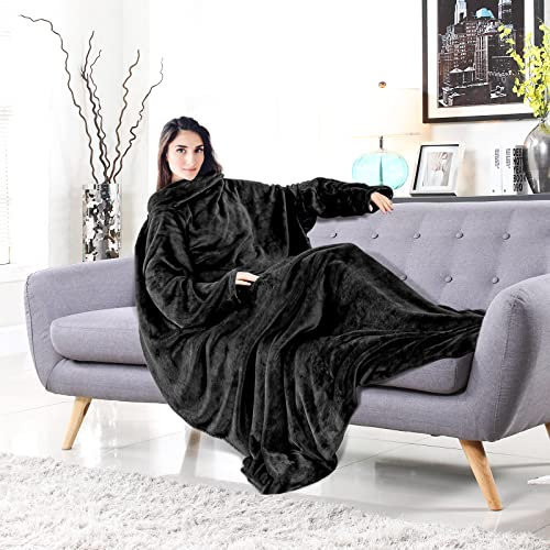 CALIYO Decke mit ärmeln, Extra Weich TV Decke, Ärmeldecke, Lounge-Decke, Tragbar Ganzkörperdecke mit Ärmel, Super Geschenk (Schwarz, 170x200cm)