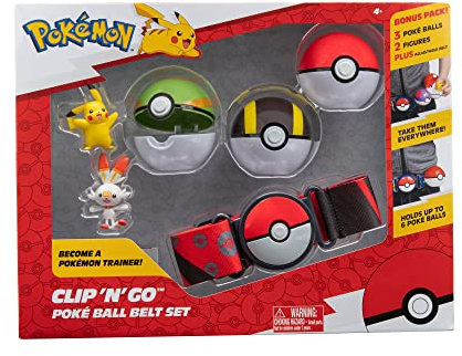 Pokemon Clip 'n' Go Poke Ball Belt Set (Ultra Ball, Poke Ball, Nest Ball, Scorbunny, Pikachu, Red Belt) PKW2857