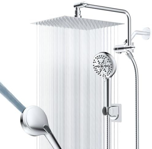 12 Metal Rainfall Shower Head with 10-Mode Handheld, Chrome | NSF/ANSI/CAN 372 Certified, High Pressure Showerhead Combo with 11 Adjustable Shower Arm, 71 Hose, Shower Head Holder