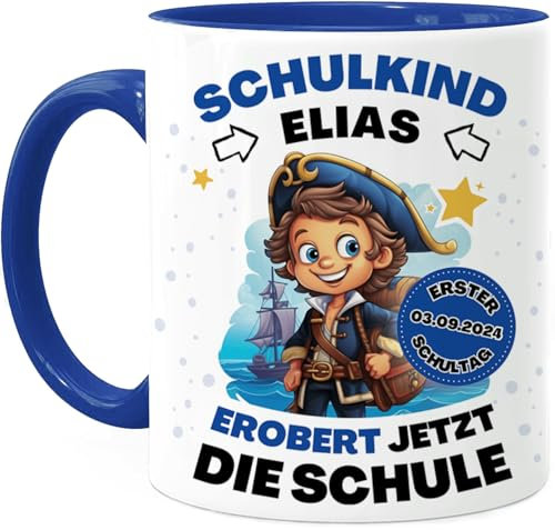 Tassenliebling® Schulkind Tasse personalisiert Junge Mädchen - Blau - Geschenk zur Einschulung - Pirat Tasse - Schultüte Füllung - Schulanfang Geschenke - Grundschule Vorschule
