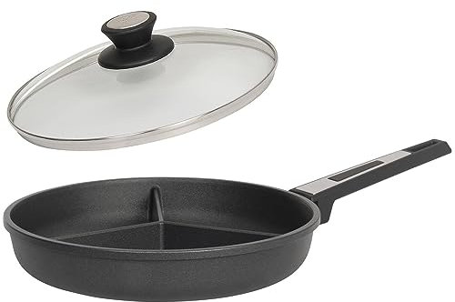 SKK 2-tlg. Gusspfanne Ø 28 cm 3-fach geteilt - Antihaft beschichtete Pfanne ideal zum Braten dreierlei Speisen & Deckel aus Glas - Made in Germany