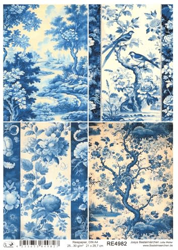 Josys Bastelmärchen Reispapier A4 Strohseide chinesische Porzellan-Bilder blau-weiß Bäume RE4982