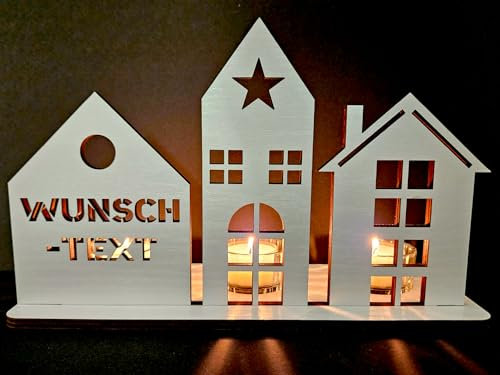 Waluna® Lichterstadt 3 Teelichthalter Mini Lichthaus aus Holz personalisiert mit Wunschtext oder Familienname 12 Farben Tischdeko
