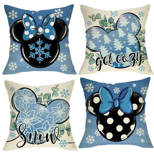 Fjfz Dekorative Kissenbezüge mit Winter-Cartoon-Maus, 45,7 x 45,7 cm, Blau, gepunktet, Tannenbaum, Weihnachtsstern, für den Außenbereich, Heimdekoration, gemütlich, Weihnachten, Urlaub,