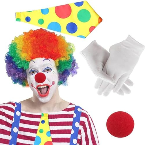 Fosoloni 5 Stück Clown Kostüm Accessoire, Clown Lockenperücke Nase Weiß Handschuhe Bunte Krawatte, clown Kostümzubehör für Arty Event, Karnevals Kostüm Cosplay