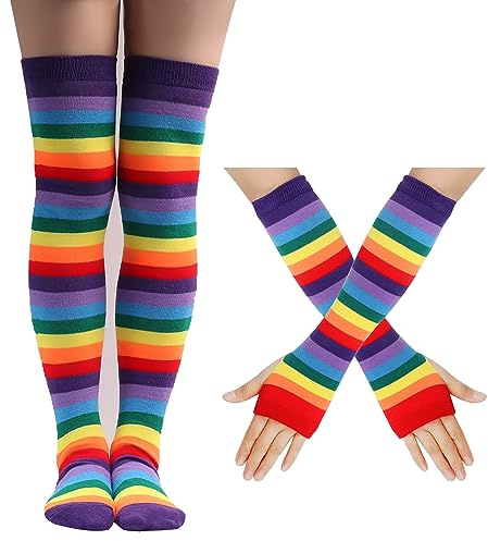 SYSUII Bunte Regenbogen Kniestrümpfe + Handschuhe Damen Streifen Arm-Wärmer Bein-Strumpf Bunte Oberschenkel Hohe Socken Fingerlose Handschuhe Hülsen-Set für Frauen Mädchen Karneval Party Halloween
