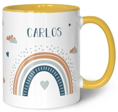 GRAVURZEILE Tasse für Kinder - im Regenbogen Design - Personalisiert mit Namen - Geschenk für Mädchen und Jungen zum Geburtstag - zur Kommunion und Konfirmation - Geburtstagsgeschenk - Gelb