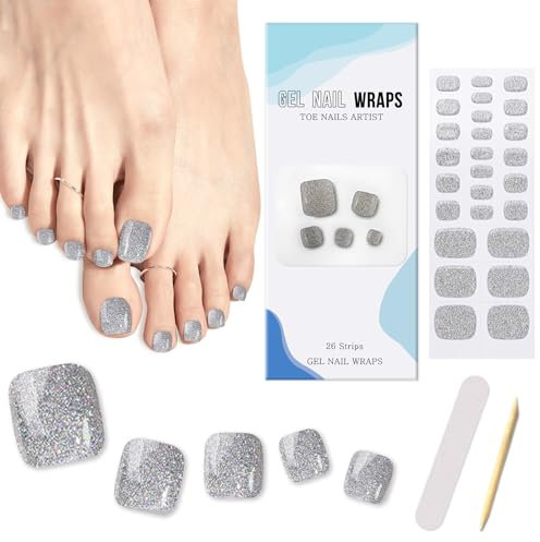 26Pcs Semi Cured Gel Nail Strips Pedicure Stickers, Sliver Glistening Toe Nail Polish Wraps, Long Lasting Salon Quality Gel Toeail Strips with Prep Pads, Nail File & Wood Stick, UV/LED Lamp Required