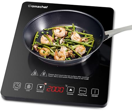 Induktionskochfeld mit 10 Temperaturstufen und 10 Leistungseinstellungen, 2000 Watt, 1 Platte, 3-Stunden-Timer, Sicherheitsschloss, Schwarz