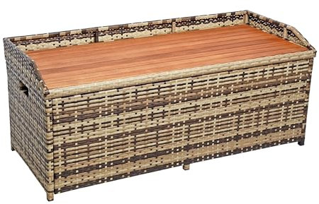 ESTEXO Polyrattan Gartenbank Sitzbank mit Auflagenbox Kissenbox Rattan Kissentruhe Bank mit Stauraum Beige-Braun