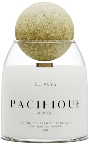 ELIALYS Handgefertigte Duftkerze mit Parfum aus Grasse, Zitronenverbene, knisternder Holzdocht - PACIFIQUE, 350 g, 70 Stunden Brenndauer, Hergestellt in France, Hoch duftend & langanhaltend