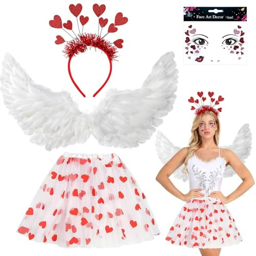 Teufel Kostüm Damen,Tutu Rock,Engel Heiligenschein Stirnband Schwarz,68CM Engelsflügel Kostüm,Zauberstab Federflügel,Halloween Kostüm Damen für Valentinstag Karneval Mottoparty Amor Kostüme