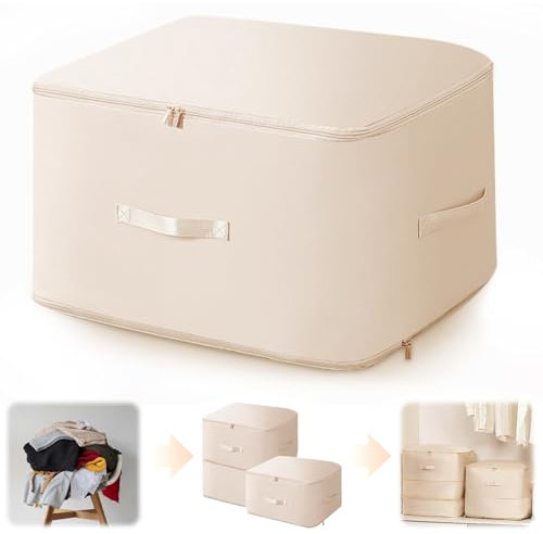 Ultra Space Saving Self Compression Organizer, Storage Bags with Zipper, Space Saving Storage for Comforters, Blankets, Bedding (Champagne-L)