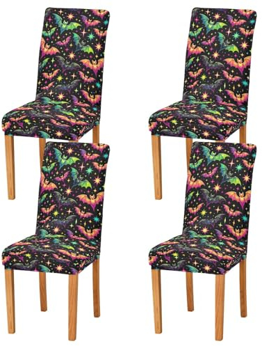 CHIFIGNO Halloween Neon Sterne Fledermaus Esszimmerstuhlhussen Dekorative Parsons Stuhlhussen 4er Set Abnehmbare Esszimmerstuhlhussen für Party, Hotel, Bankett