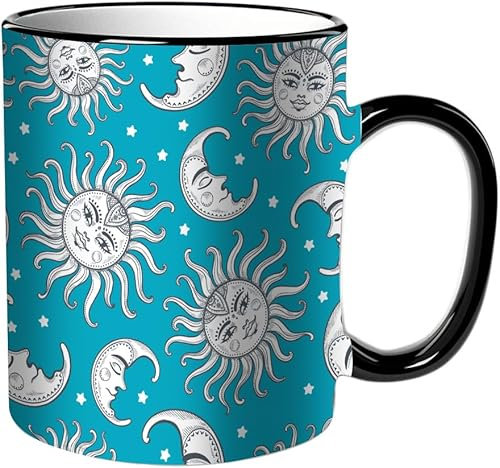 KDWJS Tasse Keramik Kaffeetassen Große 11oz Tassen 330ml Trinkgläser Mit Griff Personalisierte Geschenk Weiß,Sonne und Mond Vintage-Muster mit Sternen
