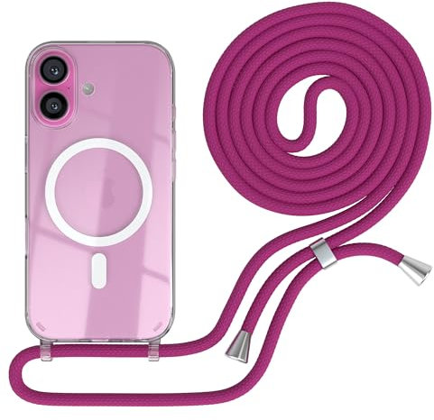 EAZY CASE - Handykette kompatibel mit iPhone 16 Kette zum Umhängen Stoßfest Handyhülle für Apple iPhone 16 Silikon Hülle mit Band Handytasche Transparent als Fallschutz in Pink