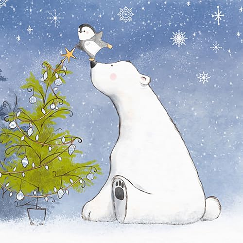 ti-flair Servietten Papier 33x33cm 20 Stück Eisbär und Pinguin - hochwertig & nachhaltig - Einweg Winterservietten 3-lagig - Papierservietten für Winter & Weihnachten Gastronomie Alltag - Weiß Blau