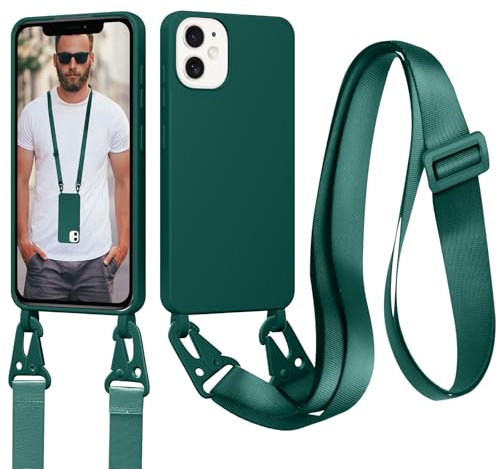 Woijrly Funda para iPhone 11 Caso con Cordón, Ajustable Collar Carcasa iPhone 11 Cuerda, Delgado Suave Bumper TPU Silicona Líquida Antigolpes Case, Carcasa Protectora con Forro de Microfibra, Verde