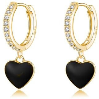 SLUYNZ Sterling Silber CZ Schwarze Herz Creolen Ohrringe für Damen Kleine Liebe Huggie Creolen Ohrringe Hängend (B-Gold)