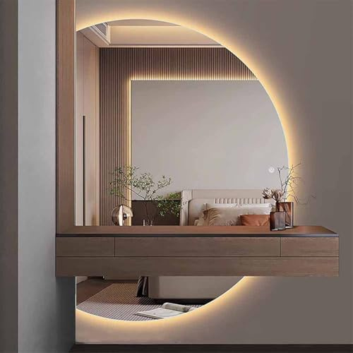 Decmiroor 3 Lichtfarbe Groß Halbrunder Badspiegel 120/130cm Rahmenlos Wandspiegel mit Beleuchtung Dimmbar, LED Antibeschlag Spiegel mit Touch-Schalter Wandmontage Halbmond Ganzkörperspiegel(Cut left,4