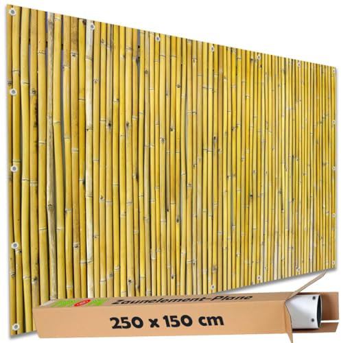 TRIOSK Sichtschutz Garten Deko Zaun Plane Blickdicht groß mit Zaunblende Motiv Bambus Stäbe Optik für Balkon Terrasse Zaunelement Doppelstabmatten Gartenzaun PVC 250x150 cm Beige