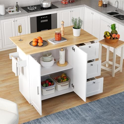 SogesHome Kücheninseln Bewegliche Küchenwagen Küchentisch mit 3 Schubladen, 2 Türen, Klappbaren Arbeitsplatte aus Eichenholz für Küche Esszimmer 135x44(70) x90 cm