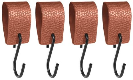 Drenky S Haken mit Lederschlaufe - Metall Haken ohne Bohren, Mehrzweck Garderobenhaken für Kleiderstange, Küche & Bad, Dunkelbraun, 4 Stück