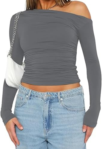 Off-The-Shoulder top Long-Sleeved Shirt Women's Basic T-Shirt Casual Y2K Slim fit Crop Tops