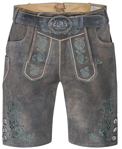 Schöneberger Trachten Couture Herren Lederhose kurz mit Trachtengürtel – Traditionelle bayerische Trachtenhose für Oktoberfest braun aus Original Nubukleder Antik Moosbach (50)