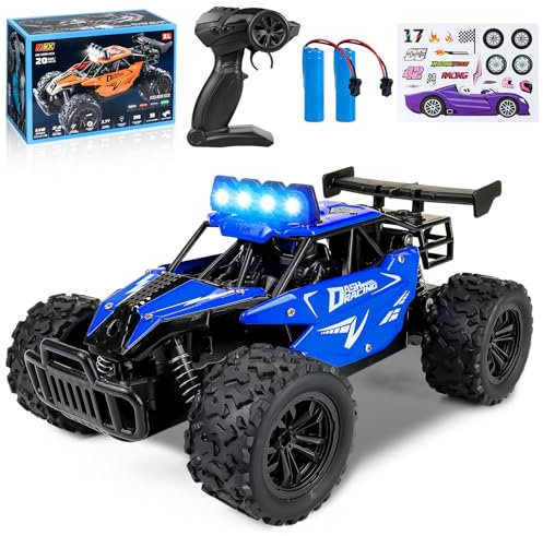 Joellfuner Coche Teledirigido para Niños, 2.4Ghz 1:16 Carro telecomandado con Cuatro Colores luz LED, 2WD 20KM/H Offroad Monster RC Truck con Marchas Altas y Bajas, RC Coche para de 3+ años (Azul)
