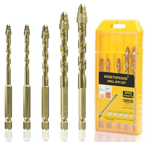 MORETOPGOOD Masonry Drill Bit Set for Ceramic Tile, Concrete Drill Bit with Tungsten Carbide Tip for Marble, Cinder Block, Glass, Brick, Metal, Cement, Concrete, Plastic, Wood, Granite and Wall,5PCS