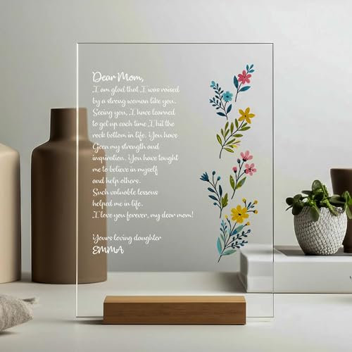Placa acrílica personalizada de carta a mamá con base de madera, regalo personalizado para el día de la madre, recuerdo de mensaje grabado, impresión acrílica con diseño floral, decoración