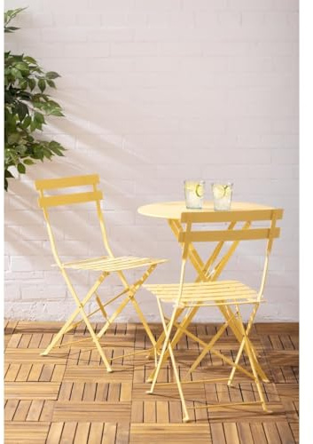 Bolero Perth Pavement Style Round Table Mellow Yellow, 600mm, 600 mm | Folds flat to save storage space, with a weather-resistant finish suitable for busy outdoor commercial dining areas.