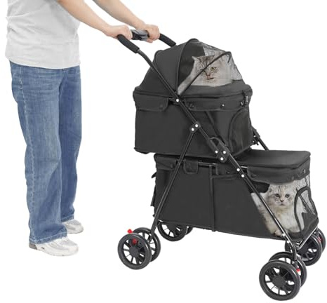 soudesileim 2 Etagen Hundewagen, Klappbar Katzenwagen mit Sicherheitsgurte, Bremsen, Je Ebene Oben 15kg / Unten 15-20kg, Kleine und Mittelgroße Hunde und Katzen, Hundebuggy (Schwarz)