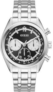 Guess Dawson Men's Quartz Watch with Date Display Cubic Zirconia Silver Stainless Steel Bracelet Mineral Glass Black Dial 5 Bar Case Diameter 44mm GW0971G1