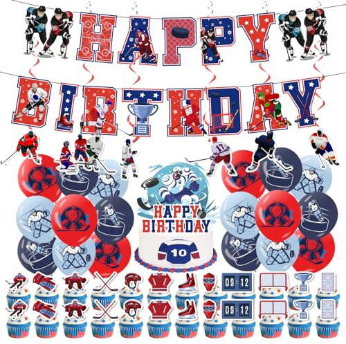 32PCS Eishockey-Mottoparty-Set,Eishockey-Geburtstagsparty-Dekorationen,Eishockey-Kinderparty-Dekoration,Hockey-Geburtstagsdekorationen,Einschließlich Ballon-Banner-Kuchendekoration