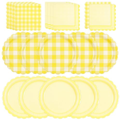 HiEnjoin 48 piezas de platos de cartón amarillos con borde ondulado de gingham y servilletas de un solo uso con patrón de cuadros. Platos de papel decorativos de gingham con patrón de cuadros para