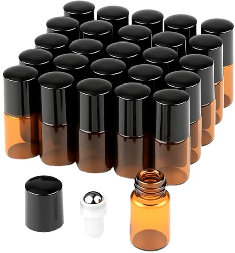 52 pièces Mini Rouleaux de verre brun, 2ml rouleau sur des bouteilles de verre avec des balles de rouleau en acier inoxydable, Rouleau de verre en ambre, pour les huiles, mélanges d'aromathérapie